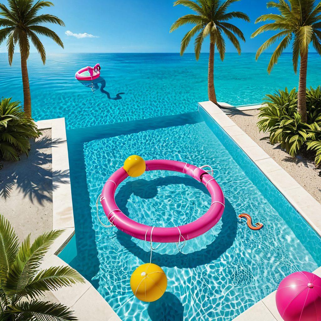 A sleek swimming pool scene with fashionable swimsuits hanging on a clothesline overhead, and playful inflatable items scattered around. In the foreground, a hand reaching for a floating dollar sign, symbolizing financial freedom amidst trends. The background features bright sunshine and palm trees, portraying a summer vibe. super-realistic. vibrant colors. 3D.