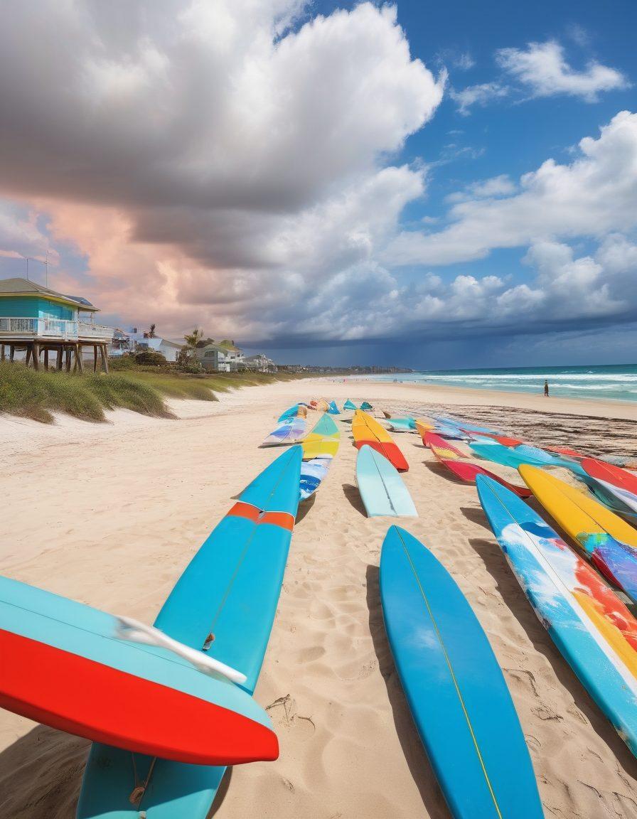 A lively beach scene featuring surfers catching waves while modeling stylish swimsuits, symbolizing fiscal responsibility with playful elements like surfboards shaped like dollar signs and a lifeguard tower displaying a chart of debt awareness strategies. The sky is bright blue, with fluffy white clouds, and vibrant beach umbrellas in the background, creating a fun yet informative atmosphere. super-realistic. vibrant colors. sunny day.