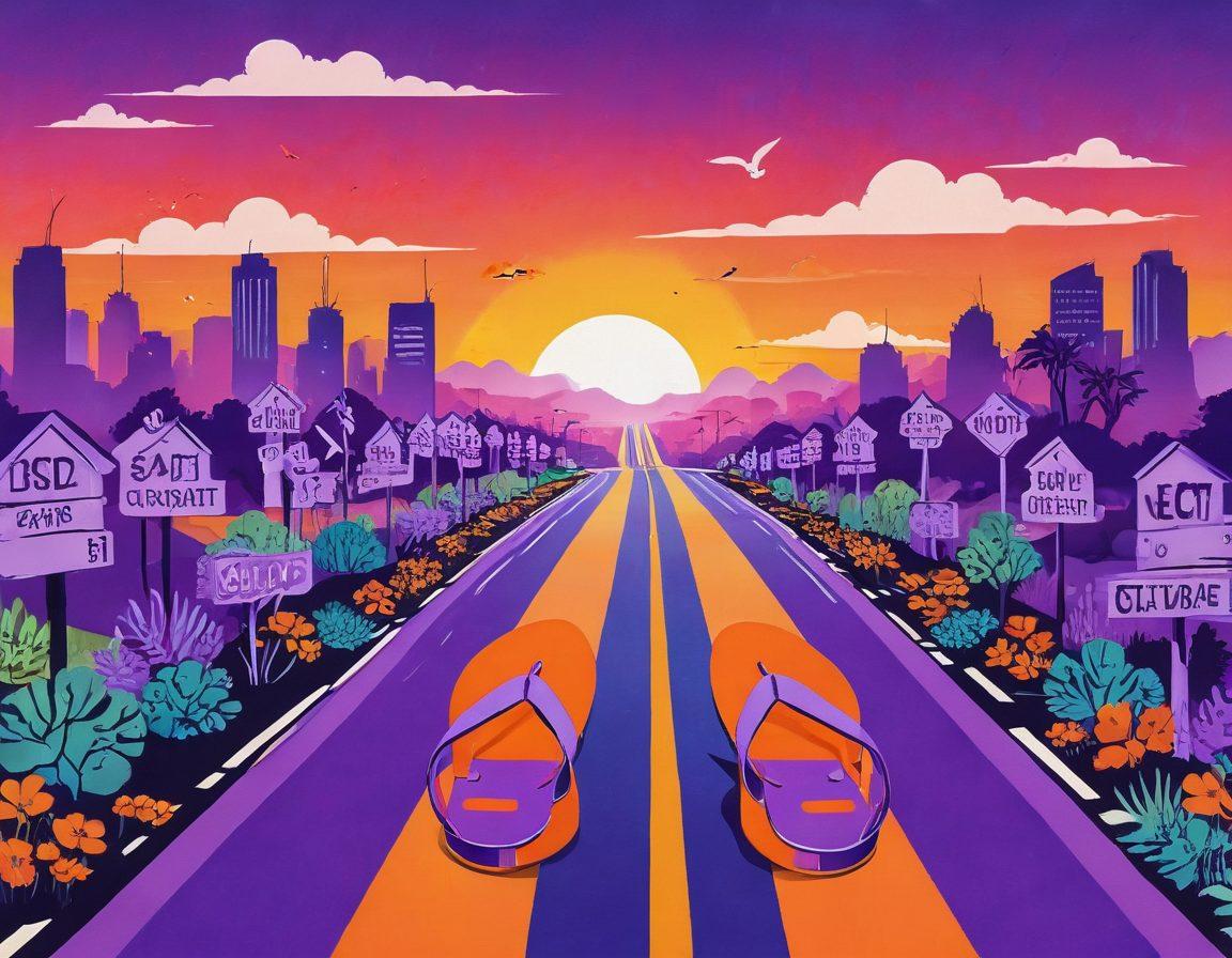A whimsical yet modern illustration featuring a pair of stylish thongs leading towards a road lined with dollar signs and budget charts. The background displays a vibrant sunset symbolizing a fresh start with shades of orange and purple. Along the path, cheerful characters holding shopping bags and calculators represent the journey to a debt-free life. The overall feel is inspiring and uplifting. vibrant colors. vector art.